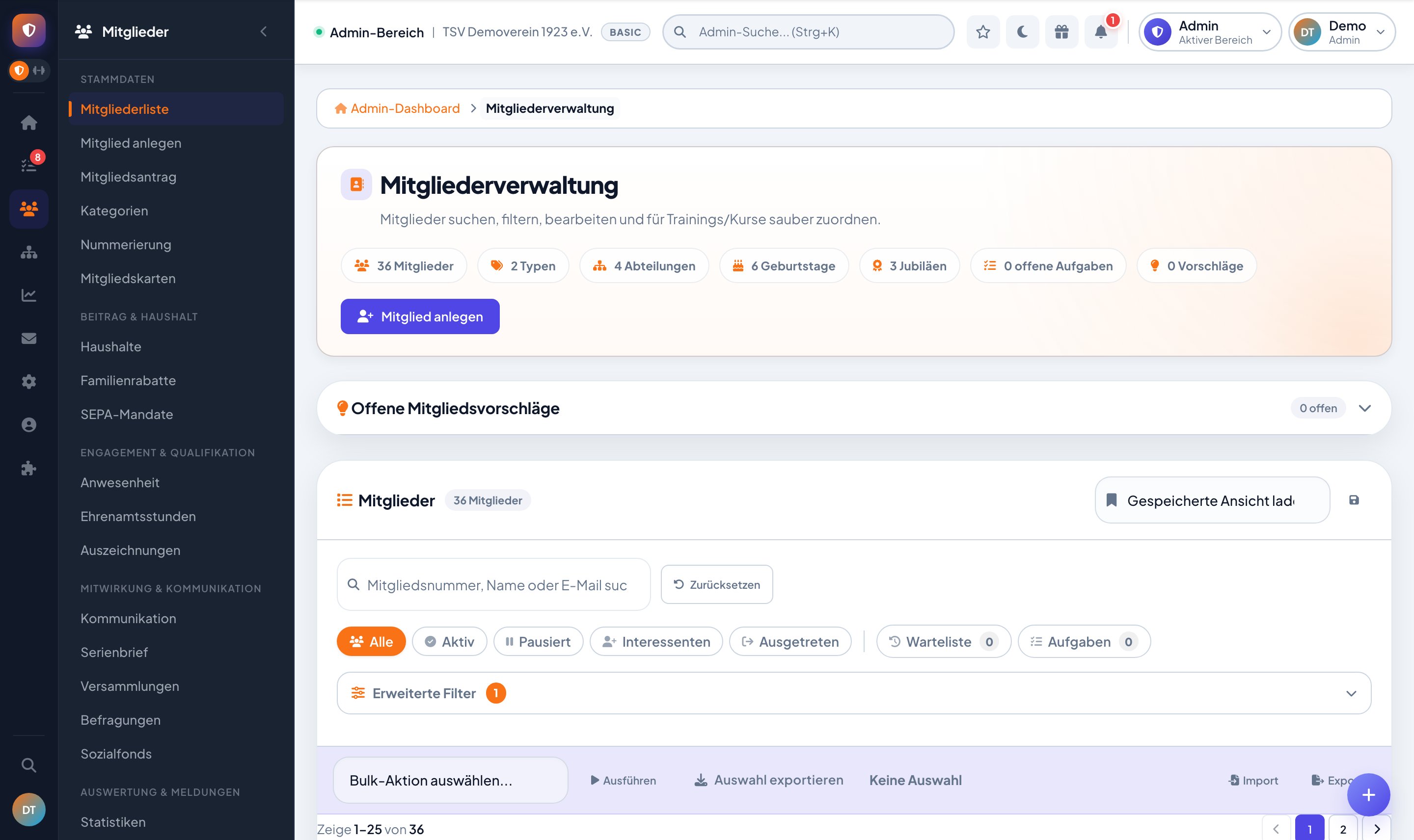 ClubFlex Mitgliederverwaltung mit Liste, Filtern und Detailansicht