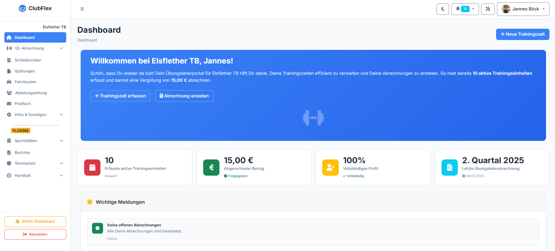 ClubFlex Dashboard – Desktop